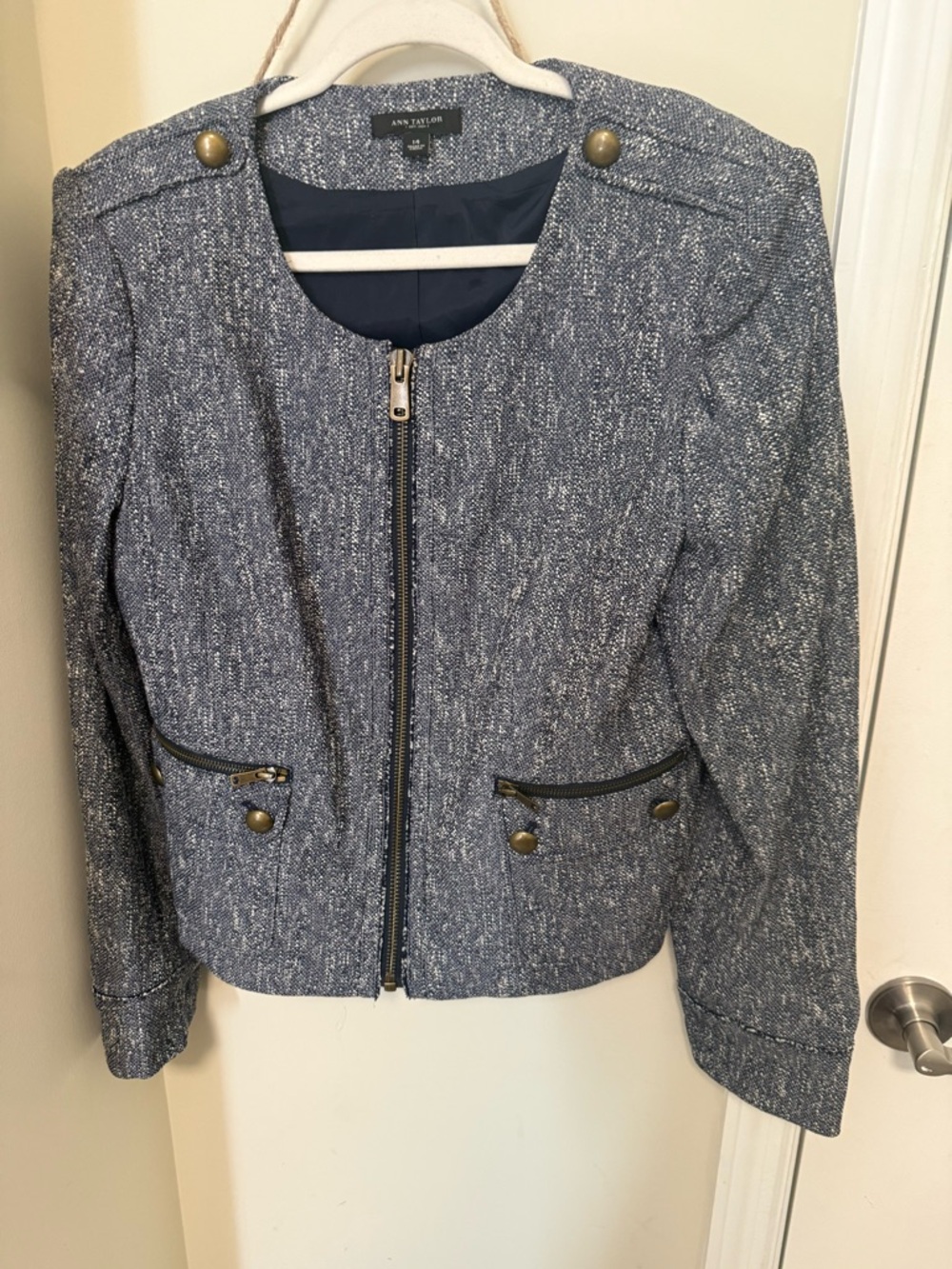 Ann Taylor Navy and White Tweed Zip Jacket